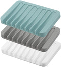 Self Draining Soap Dishes, 3 Pcs Silice Soap Saver, Waterfall Drainer Soap Holder for Bathroom, Extend Soap Life, Keep Soap Bars Dry Clean & Easy Cleaning (White, Gray, Teal)
