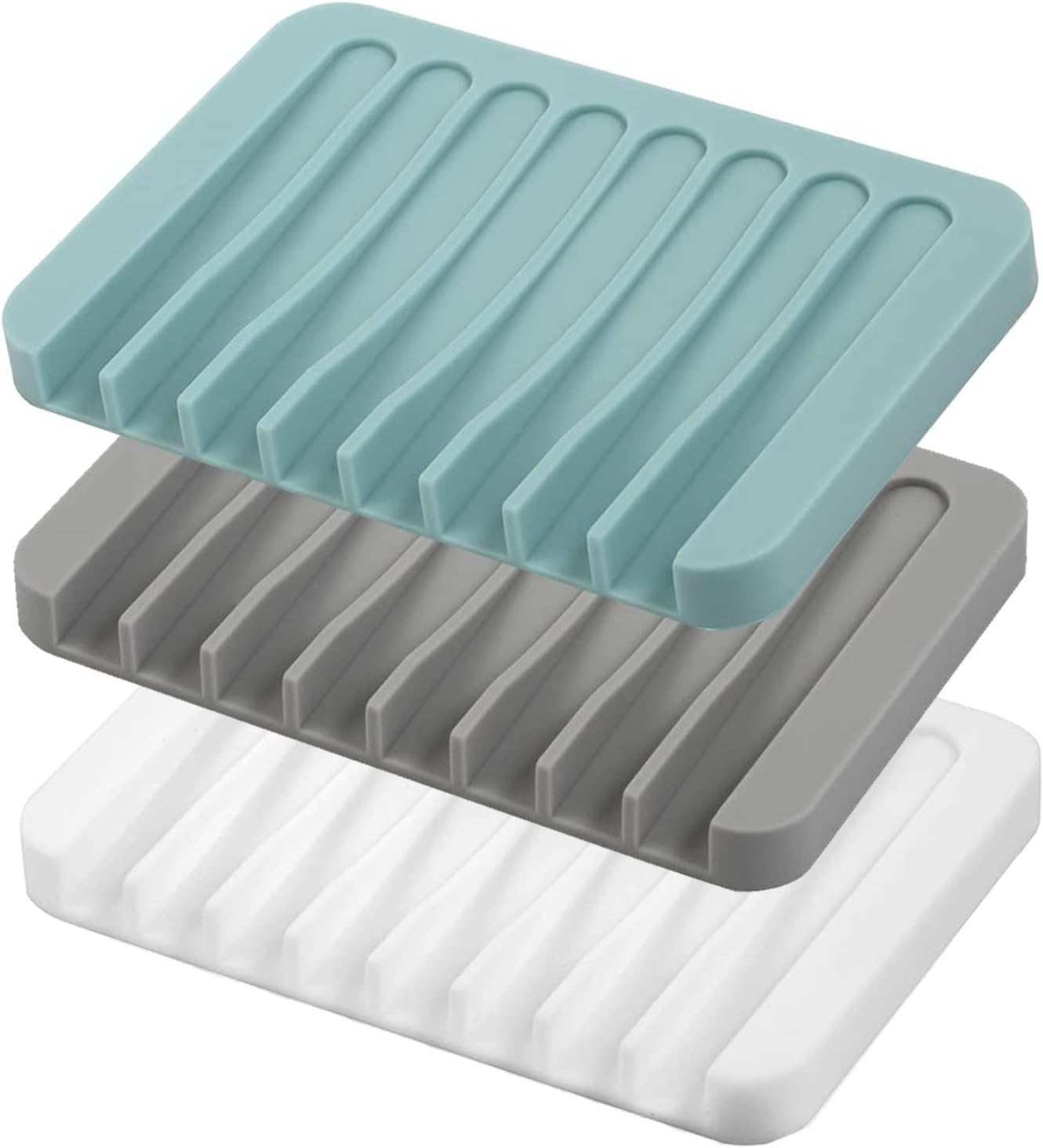 Self Draining Soap Dishes, 3 Pcs Silice Soap Saver, Waterfall Drainer Soap Holder for Bathroom, Extend Soap Life, Keep Soap Bars Dry Clean & Easy Cleaning (White, Gray, Teal)