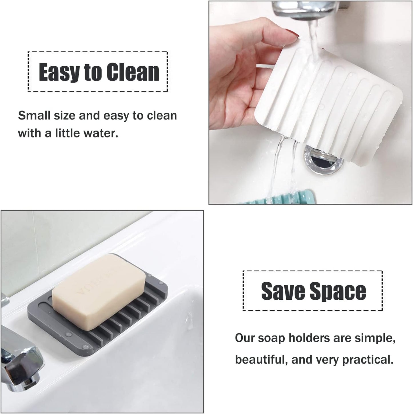 Self Draining Soap Dishes, 3 Pcs Silice Soap Saver, Waterfall Drainer Soap Holder for Bathroom, Extend Soap Life, Keep Soap Bars Dry Clean & Easy Cleaning (White, Gray, Teal)