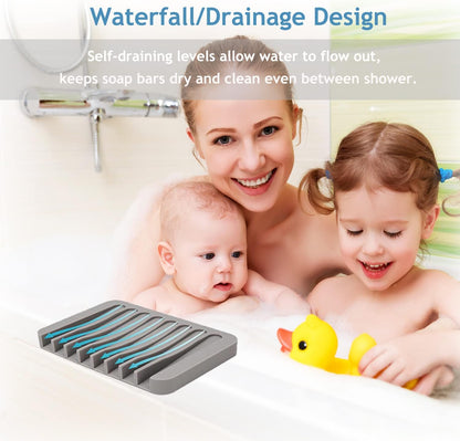 Self Draining Soap Dishes, 3 Pcs Silice Soap Saver, Waterfall Drainer Soap Holder for Bathroom, Extend Soap Life, Keep Soap Bars Dry Clean & Easy Cleaning (White, Gray, Teal)