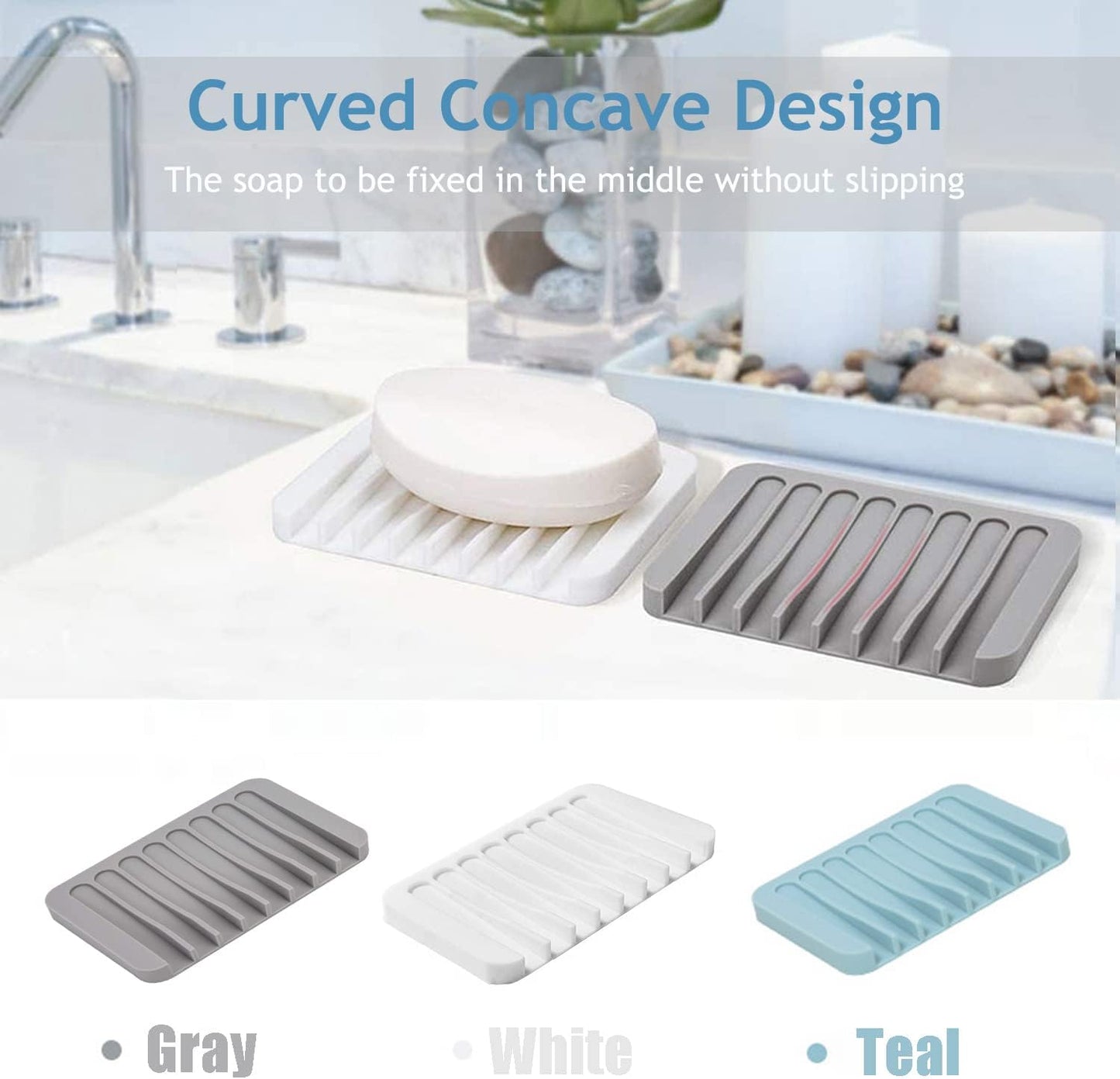 Self Draining Soap Dishes, 3 Pcs Silice Soap Saver, Waterfall Drainer Soap Holder for Bathroom, Extend Soap Life, Keep Soap Bars Dry Clean & Easy Cleaning (White, Gray, Teal)