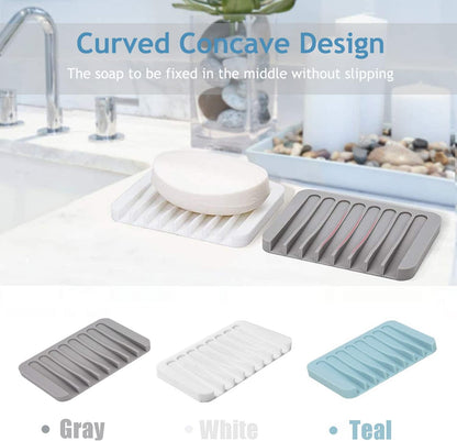 Self Draining Soap Dishes, 3 Pcs Silice Soap Saver, Waterfall Drainer Soap Holder for Bathroom, Extend Soap Life, Keep Soap Bars Dry Clean & Easy Cleaning (White, Gray, Teal)