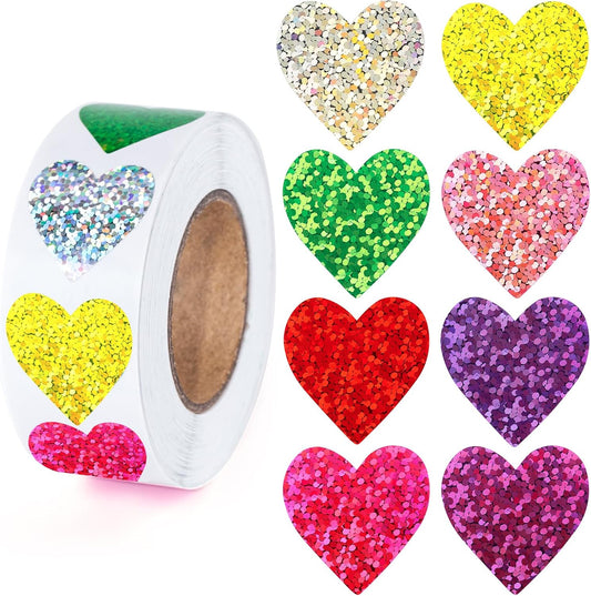 Heart Stickers - 500Pcs 1Inch Valentines Day Heart Stickers Glitter Colored Heart Shape Sticker for Reward Classroom Self Adhesive Love Incentive Sticker for Envelope Seal Card Birthday Wedding