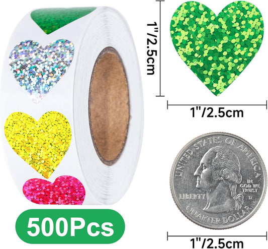 Heart Stickers - 500Pcs 1Inch Valentines Day Heart Stickers Glitter Colored Heart Shape Sticker for Reward Classroom Self Adhesive Love Incentive Sticker for Envelope Seal Card Birthday Wedding