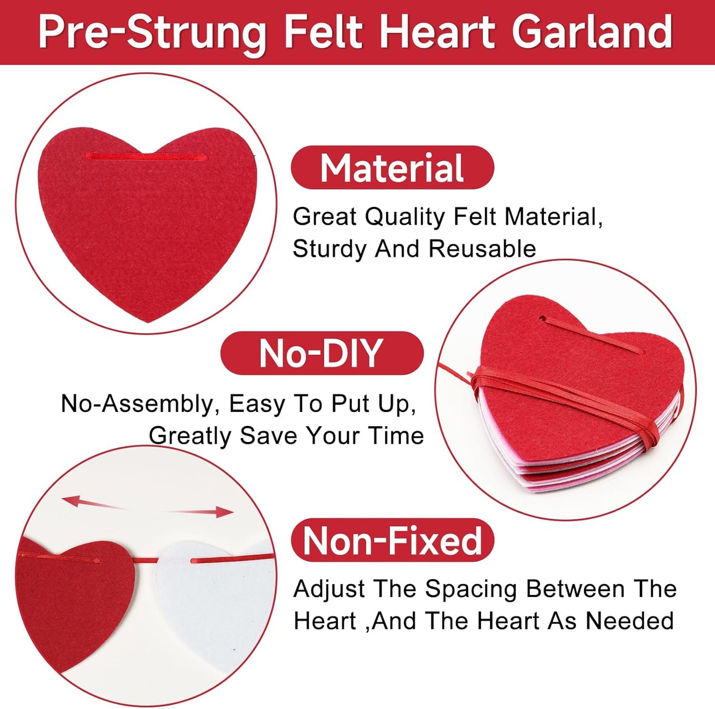 4Pack Heart Felt Garland - NO DIY Happy Valentines Day Decoration Red Pink White Felt Heart Hanging Garland Banner Galentines Day Decoration for Anniversary Birthday Wedding Party Decorations