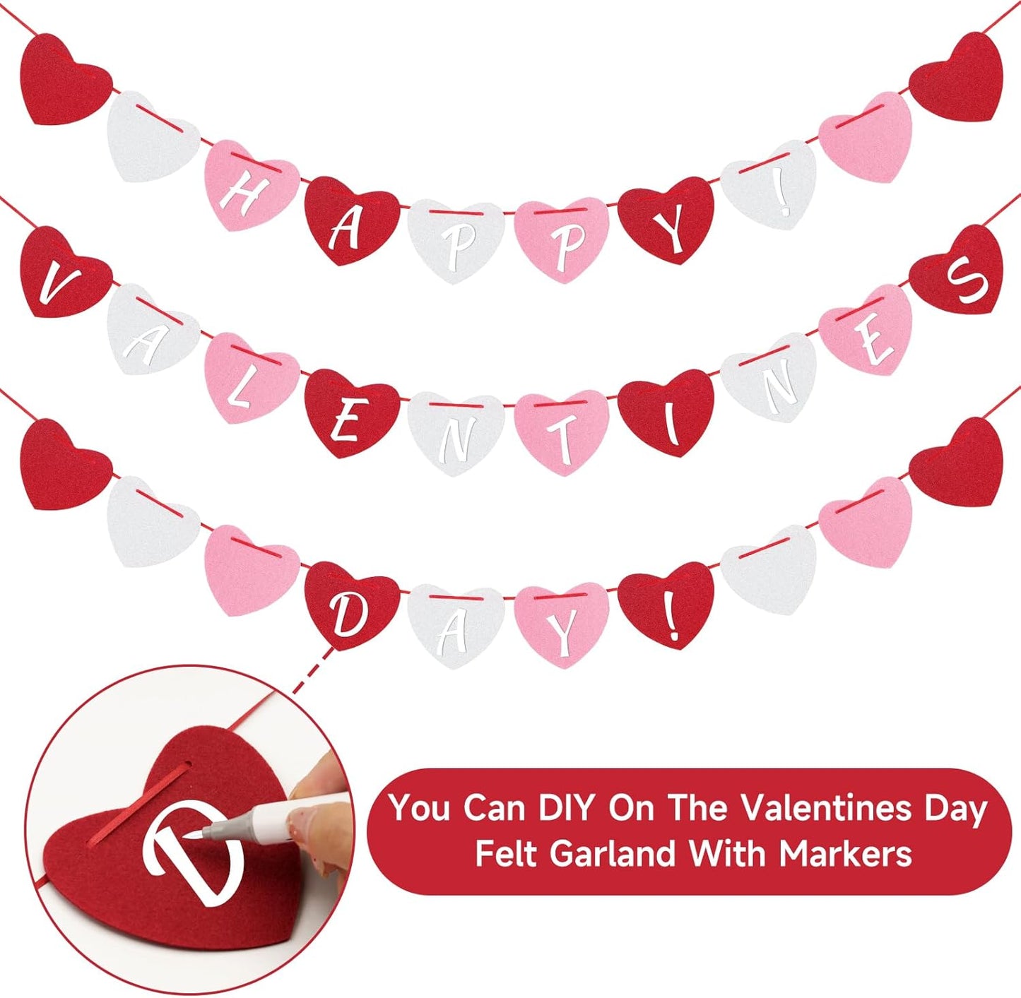 4Pack Heart Felt Garland - NO DIY Happy Valentines Day Decoration Red Pink White Felt Heart Hanging Garland Banner Galentines Day Decoration for Anniversary Birthday Wedding Party Decorations