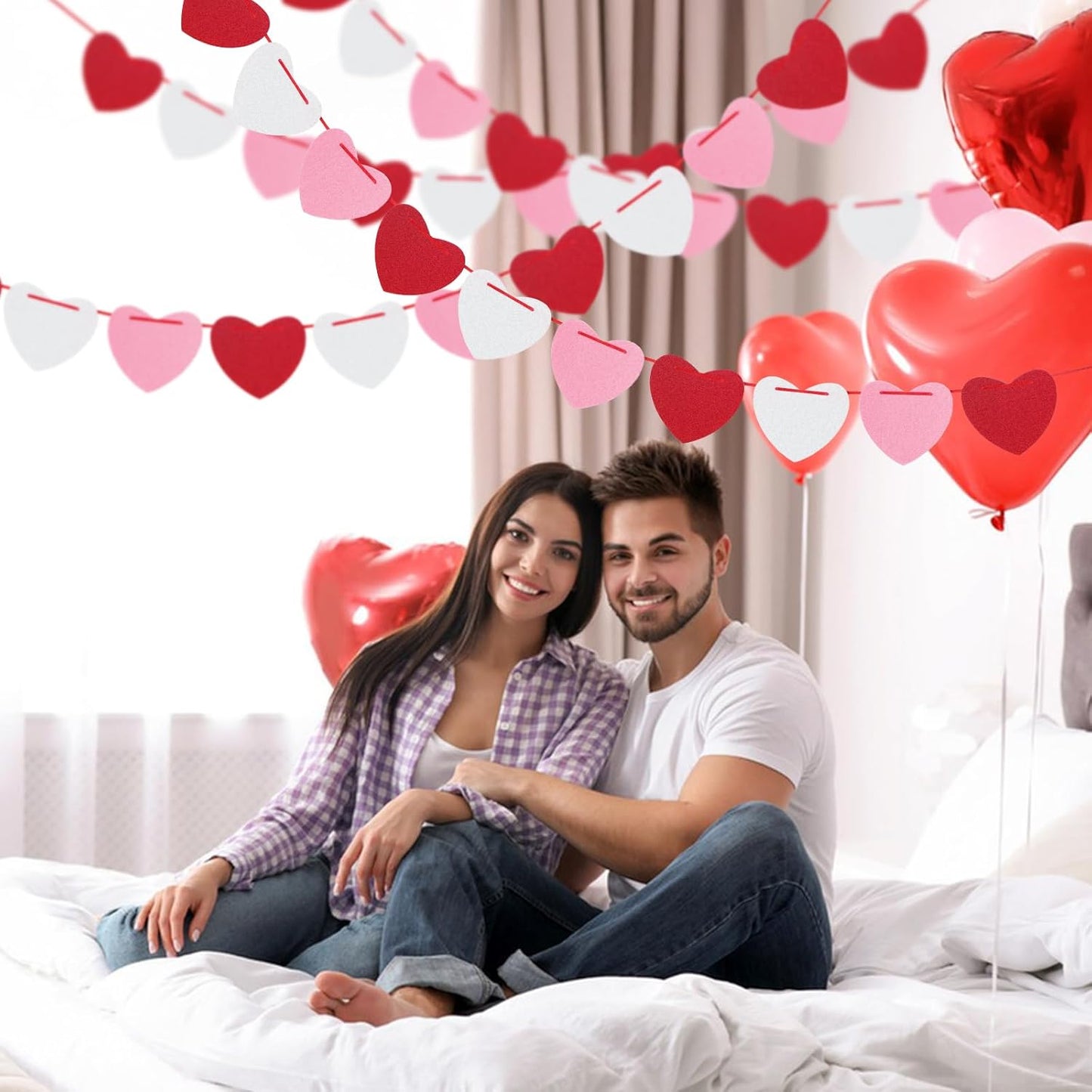 4Pack Heart Felt Garland - NO DIY Happy Valentines Day Decoration Red Pink White Felt Heart Hanging Garland Banner Galentines Day Decoration for Anniversary Birthday Wedding Party Decorations