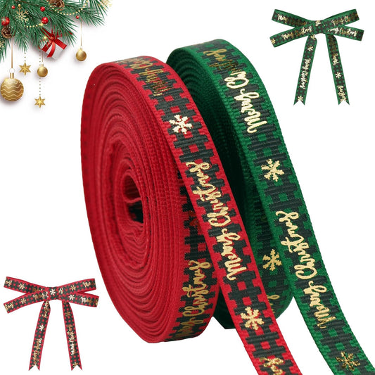Christmas Ribbon, 3/8 Inch, 20 Yard, Red and Green Merry Wrapping Ribbon for Craft Wreath Decor Bow Flower Bouquet (2 Roll)