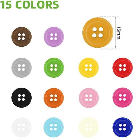 300 Pack Colorful Buttons for Craft DIY 15 Assorted Colors Resin Round Sewing Flatback Button with Box 4 Holes Crafts Mixed Color Manual Handmade Ornament (15mm)