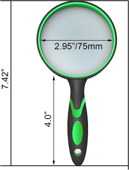 10X Shatterproof Magnifying Glass Large Handheld for Seniors Kids 75mm Lens with Non-Slip Rubber Handle Magnifier Reading Science Insect Hobby Observation