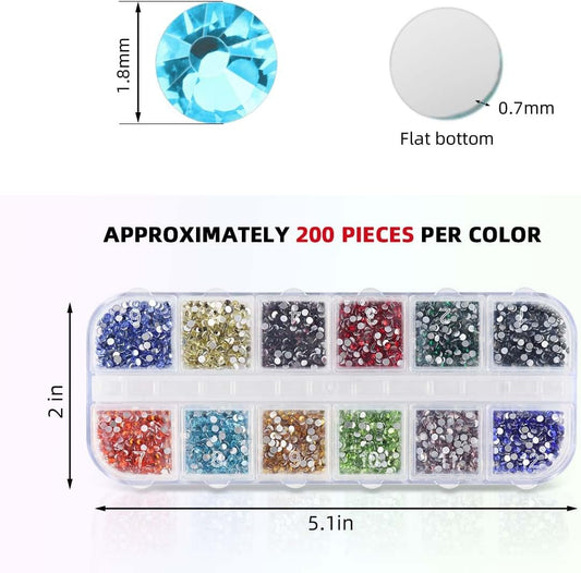 2400 Pieces Flat Back Rhinestones Colorful Round Glass Gems for Nail Art & Face Makeup Flatback Crystal Rhinestone Crafts DIY Clothes Shoes Bags Manicure Diamond (12 Colors)