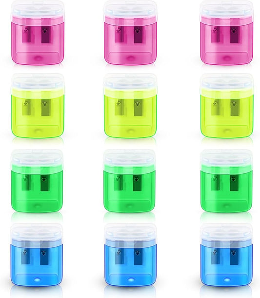 12 Pack Manual Pencil Sharpener for School Office Home Classroom Colored Dual Holes Pencils Sharpeners with Lid Kids Portable Colorful Handheld Bulk Adults Students (4 Colors)