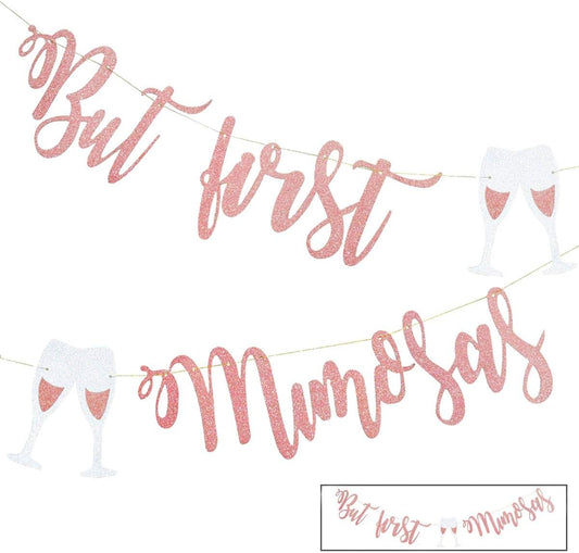 Mimosa Bar Sign But First Mimosas Rose Gold Banner, Decorations for Bridal Shower Baby Bachelorette Party Engagement Wedding Graduation Fiesta Bubbly Champagne Brunch Birthday Rosegold