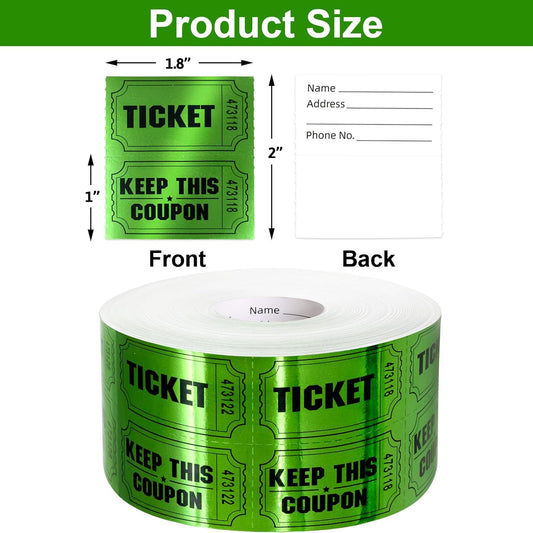 ceiba tree 1000 Raffle Tickets Double Roll Metallic Green Foil Ticket for Events Carnivals Entry Class Reward Prizes Party Supplies