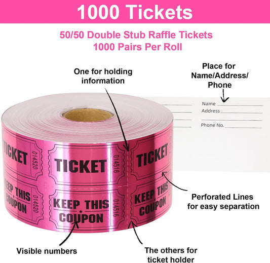 ceiba tree 1000 Raffle Tickets Double Roll Metallic Pink Foil Ticket for Events Carnivals Entry Class Reward Prizes Pink Party Supplies