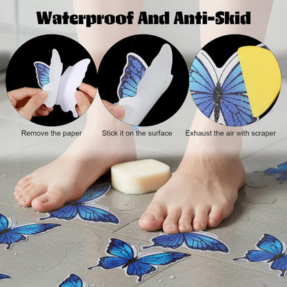 20 PCS Butterfly Non Slip Bathtub Stickers, Adhesive Anti Slip Decal Treads for Shower & Bath Tub with Scraper for Safety Bathroom Tubs, Shower Floor, Stairs(Blue)