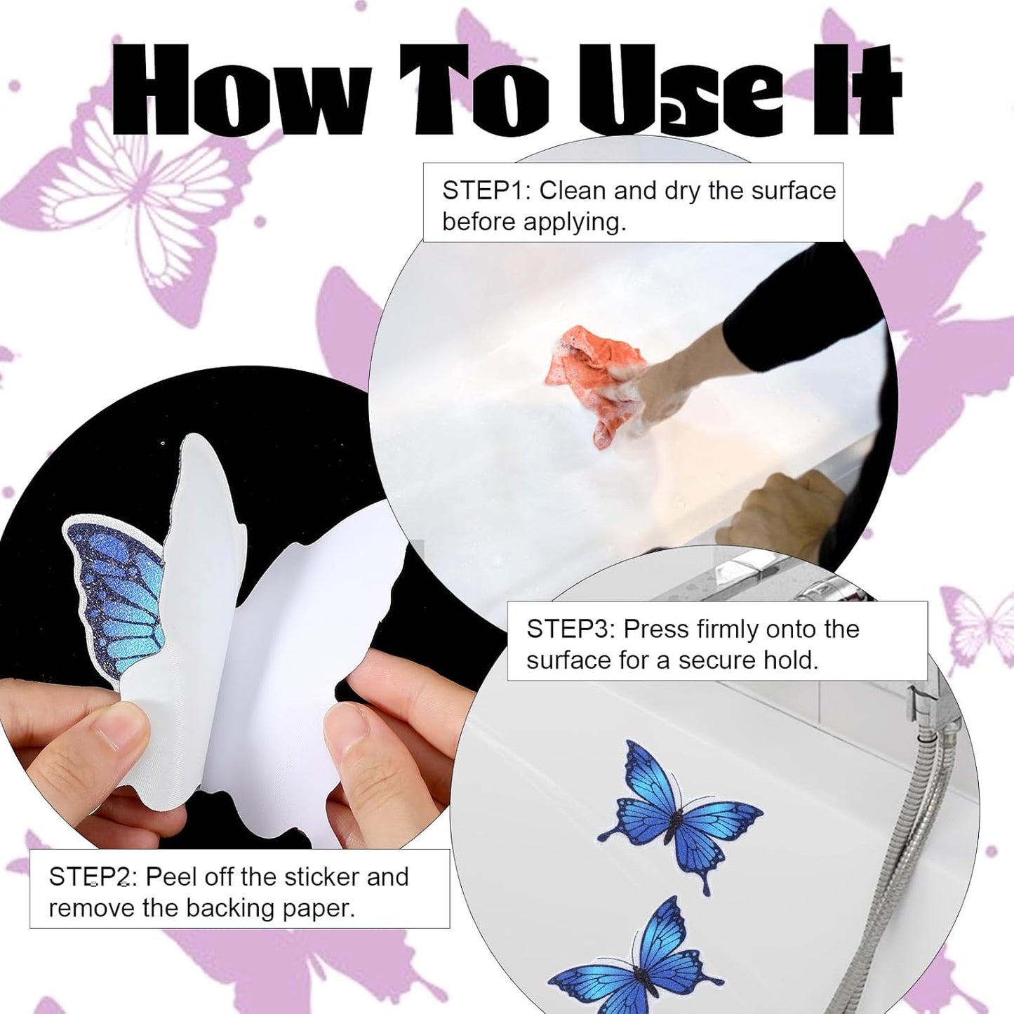 20 PCS Butterfly Non Slip Bathtub Stickers, Adhesive Anti Slip Decal Treads for Shower & Bath Tub with Scraper for Safety Bathroom Tubs, Shower Floor, Stairs(Blue)
