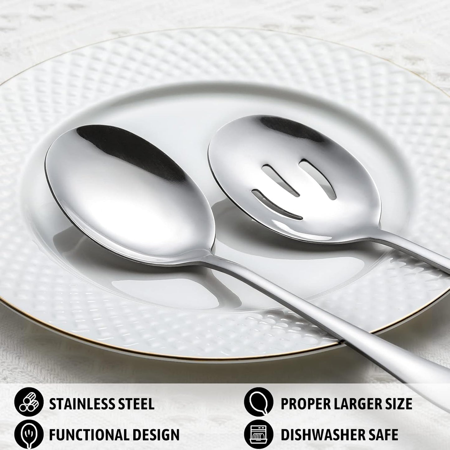 8-Piece Serving Set - Includes 4 Spoons and 4 Slotted Spoons, 18/8 Stainless Steel Buffet Utensils - Mirror Polished, Dishwasher Safe, 8.6-Inch