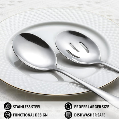 8-Piece Serving Set - Includes 4 Spoons and 4 Slotted Spoons, 18/8 Stainless Steel Buffet Utensils - Mirror Polished, Dishwasher Safe, 8.6-Inch