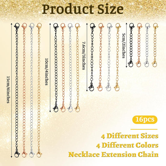 16Pcs Necklace Extenders for Women Necklace Extension Connector Lobster Claw Jewelry Chain Stainless Steel Chain Extenders Assorted Sizes Colors for Necklaces, Bracelet and Anklet Jewelry Making