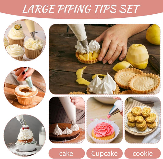 8 Pcs Large Piping Tips Set, Stainless Steel Cake Decorating Tips Set with 10pcs Piping Bag Pastry Cake Decorating Tip Baking Tools for Baking Cupcakes Decoration