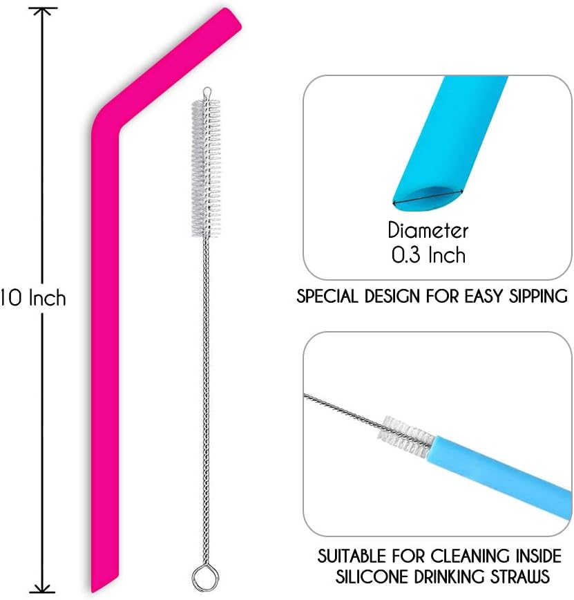 Reusable Silicone Straws, Long Flexible Silicone Drinking Straws with Cleaning Brushes for 30 oz Tumblers - 10 Pieces - BPA-Free - No Rubber Taste