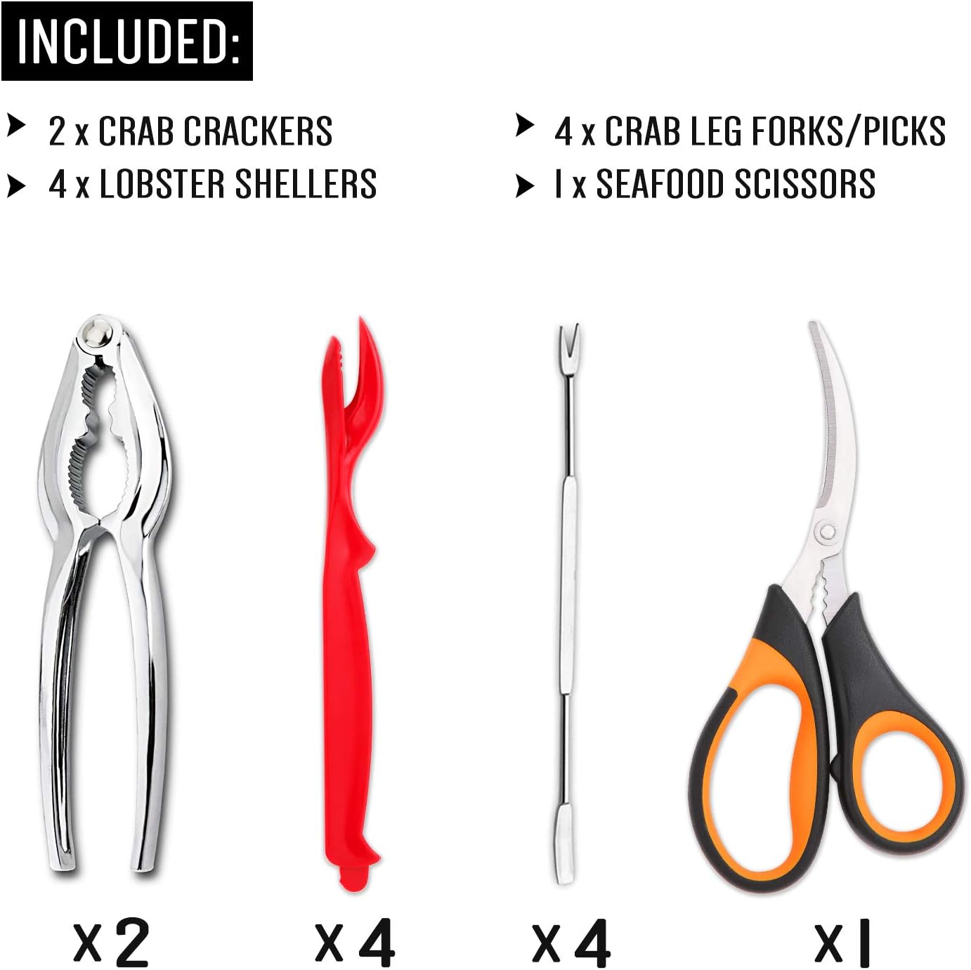 4-Person Seafood Tools Set includes 2 Crab Crackers, 4 Lobster Shellers, 4 Crab Leg Forks/Picks and 1 Seafood Scissors - Nut Cracker Set