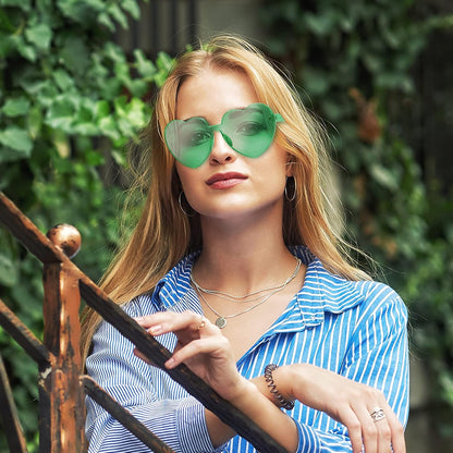Maxdot 2 Pieces Heart Shape Rimless Sunglasses Transparent Candy Color Frameless Glasses Love Eyewear.