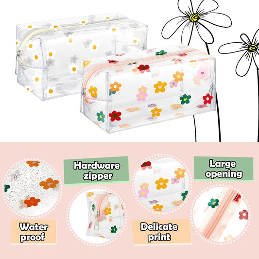 Amylove 2 Pack Cute Flower Makeup Bags Daisy Zipper Pouches Floral Pencil Pouch Portable Toiletry Pouches for Women Travel Vacation Bathroom School Organizing(Daisy).
