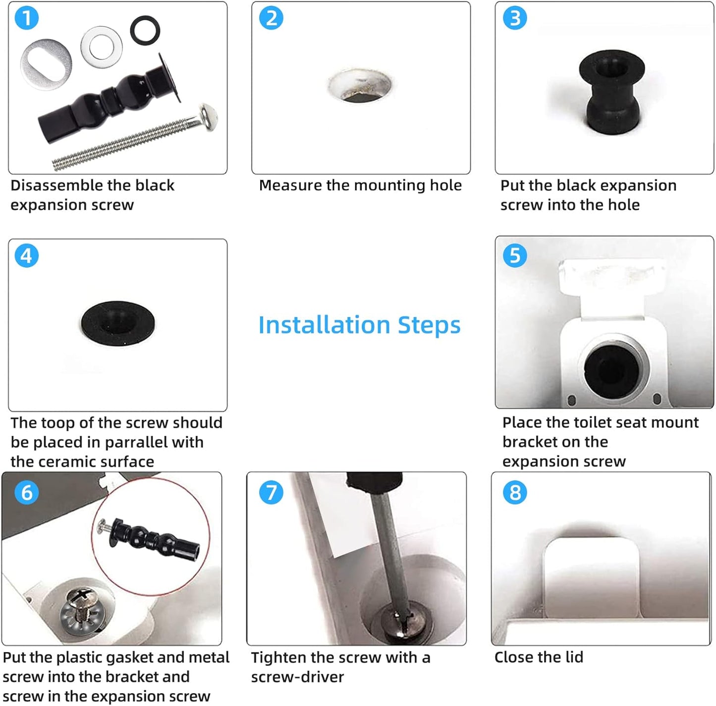 6 Pack Universal Toilet Seat Hinges Screw - Blind Hole Fixings Expanding Rubber Top Fix Nuts for Top Mounting - 3 Pairs With Two Expandable Ball