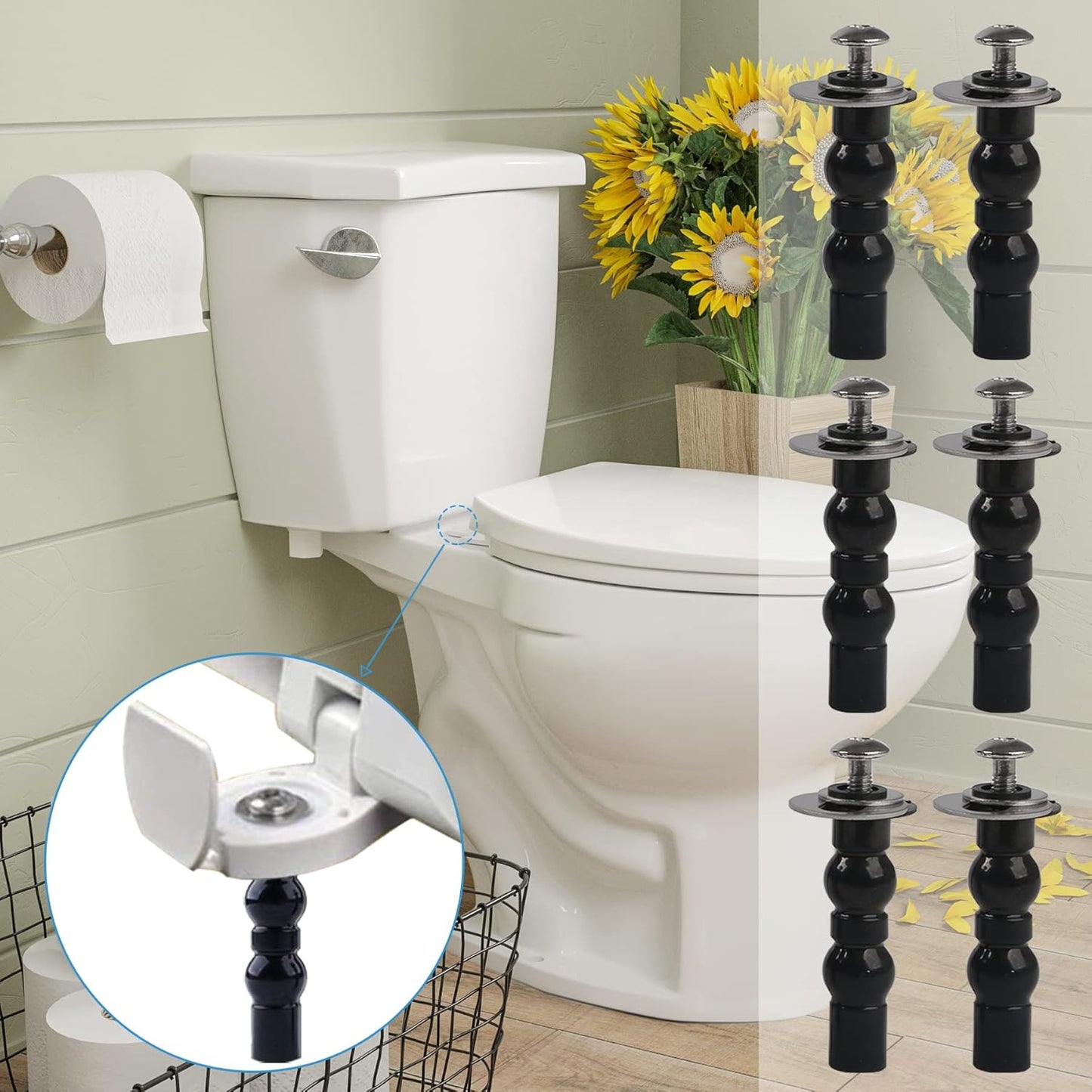6 Pack Universal Toilet Seat Hinges Screw - Blind Hole Fixings Expanding Rubber Top Fix Nuts for Top Mounting - 3 Pairs With Two Expandable Ball