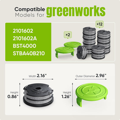 14 Pack Replacement Spool for Greenworks Weed Eater, 0.065" 18ft Dual Line String Trimmer Line Spool(2900719) Compatible with Greenworks Cordless Trimmer(12 Line Spools+2 Cap)