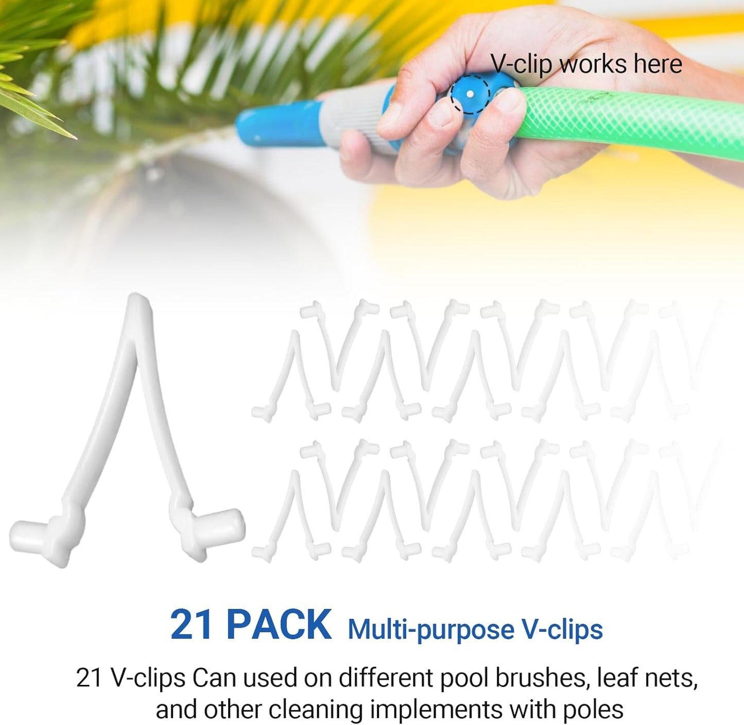 (21-Pack)  Replacement Pool V-Clips - Pool Brush Plastic Clips/Pool Pole Net Clips for Cleaning Pool Walls - Perfect for Pool Brushes, Skimmers, and Leaf Nets - Made from Heavy-Duty Plastic