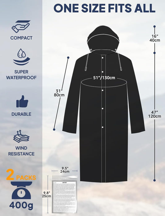 2-Pack Rain Ponchos for Adults Reusable Raincoats with Hooded and Drawstring Emergency for Men Women