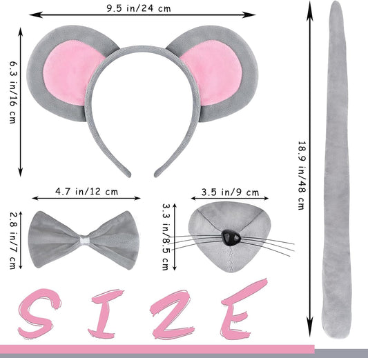 Mouse Costume Accessory Set,Rat Costume Set,Mouse Costume Set Includes Ear Headband,Tail,Nose,Bow Tie for Halloween