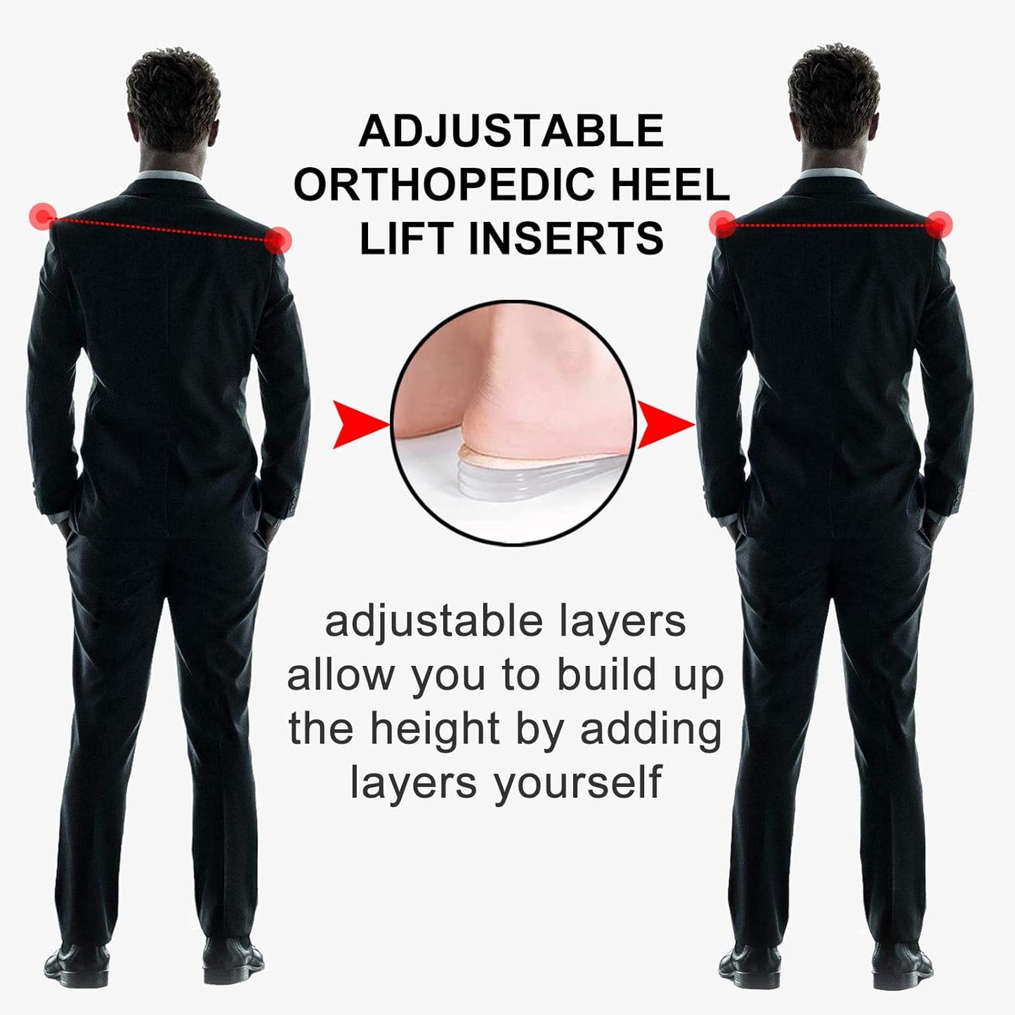 Adjustable Heel Lift Inserts 2 Pack Soft Silicone Height Increase Insoles Heel Lifts for Shoes 1/4" to 1" - 4 Layers