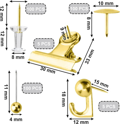 Gold Push Pin Kit 310 Pcs Decorative Thumb Tacks with Push Pin Hook Pushpin for Cork Board Bulletin Board Office Wall - 5 Style