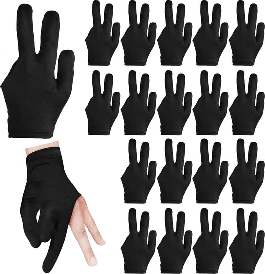 3 Fingers Pool Gloves 20Pcs Billiard Glove Universal Cue Sports Gloves Pool Left Right Hand Gloves Breathable Elastic Show Gloves Sport Gloves for Billiard Accessories, Black.