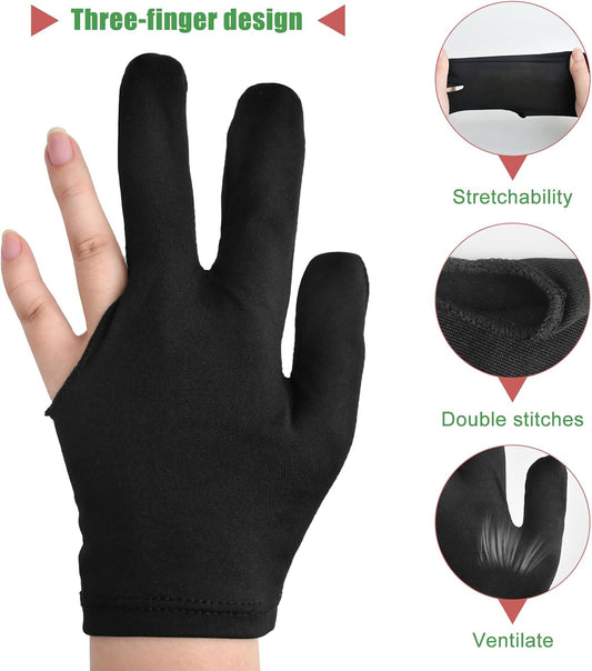 3 Fingers Pool Gloves 20Pcs Billiard Glove Universal Cue Sports Gloves Pool Left Right Hand Gloves Breathable Elastic Show Gloves Sport Gloves for Billiard Accessories, Black.
