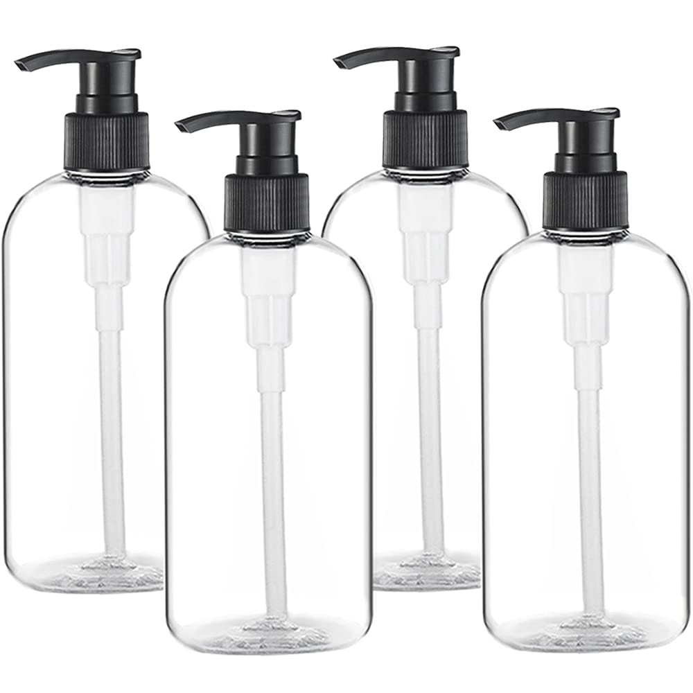 Empty Plastic Pump Bottles Dispenser 4 Pack 16oz/500ml Portable Clear BPA-Free Cylinder Shampoo Loti Hand Pump Bottle Durable Refillable Ctainers