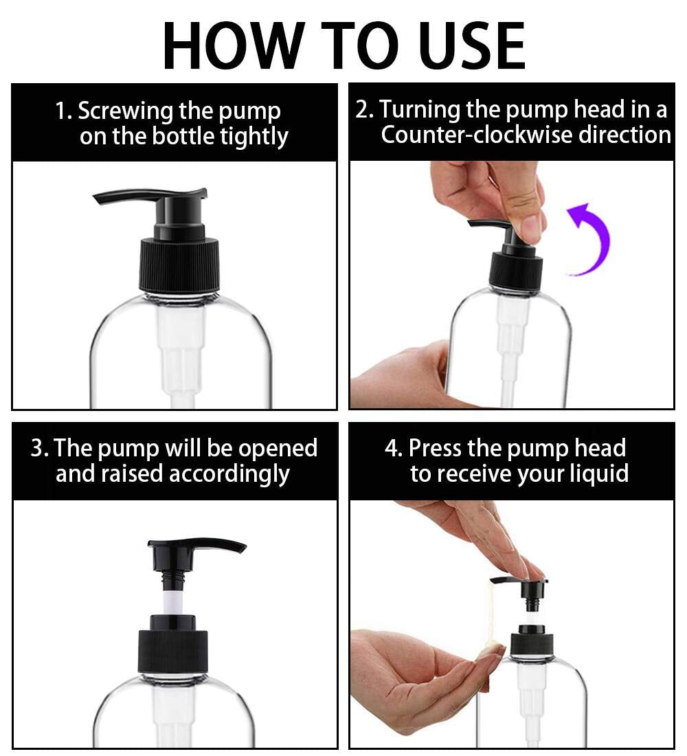 Empty Plastic Pump Bottles Dispenser 4 Pack 16oz/500ml Portable Clear BPA-Free Cylinder Shampoo Loti Hand Pump Bottle Durable Refillable Ctainers