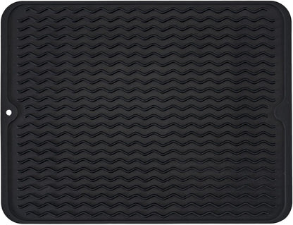 Silice Dish Drying Mat, N-Slip Easy Clean Sink Mat Large Heat-resistant Dish Drainer Mat for Kitchen Counter, Sink, Refrigerator or Drawer liner (16" x 12", BLACK)