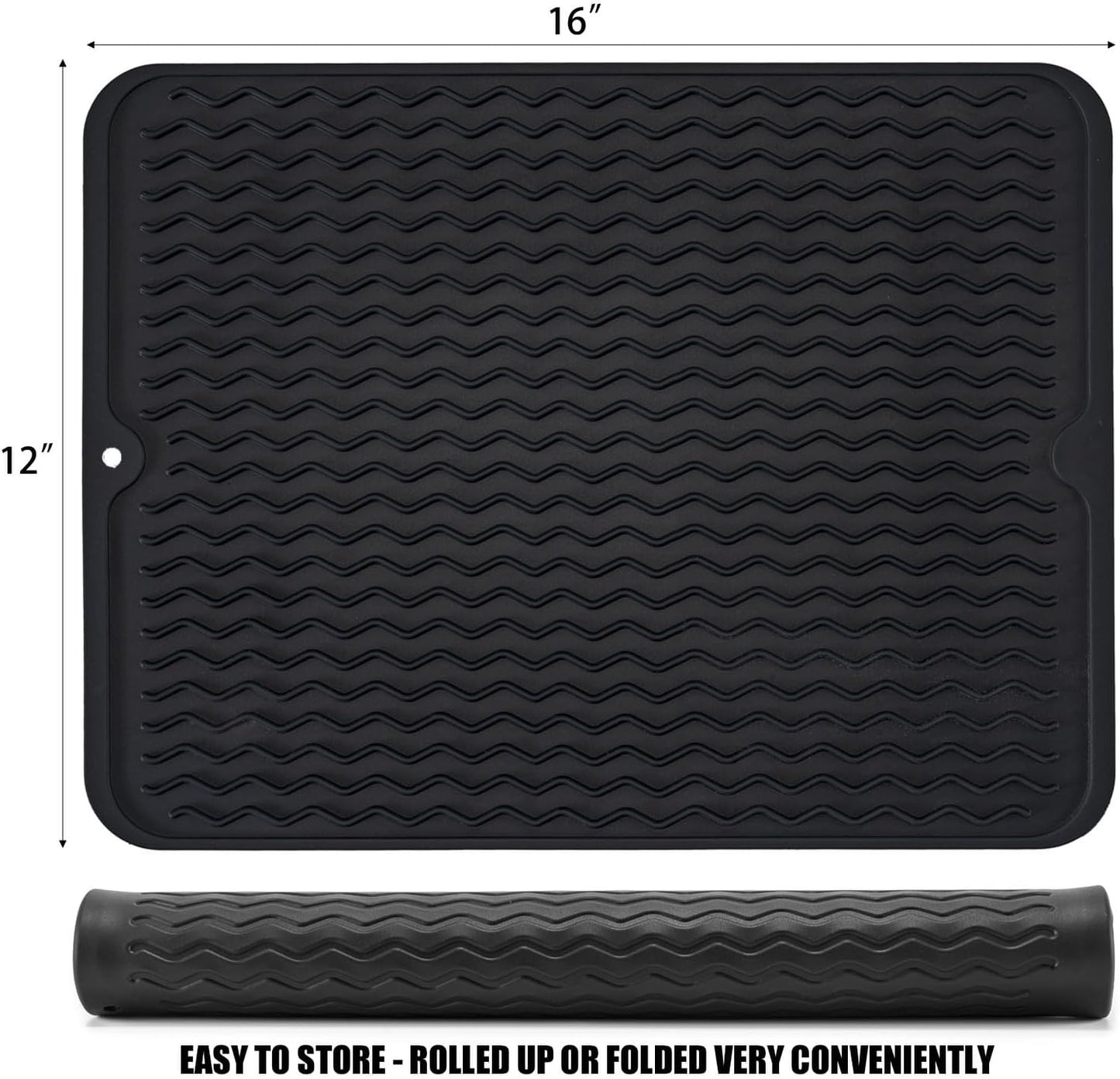 Silice Dish Drying Mat, N-Slip Easy Clean Sink Mat Large Heat-resistant Dish Drainer Mat for Kitchen Counter, Sink, Refrigerator or Drawer liner (16" x 12", BLACK)