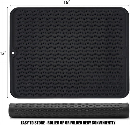Silice Dish Drying Mat, N-Slip Easy Clean Sink Mat Large Heat-resistant Dish Drainer Mat for Kitchen Counter, Sink, Refrigerator or Drawer liner (16" x 12", BLACK)