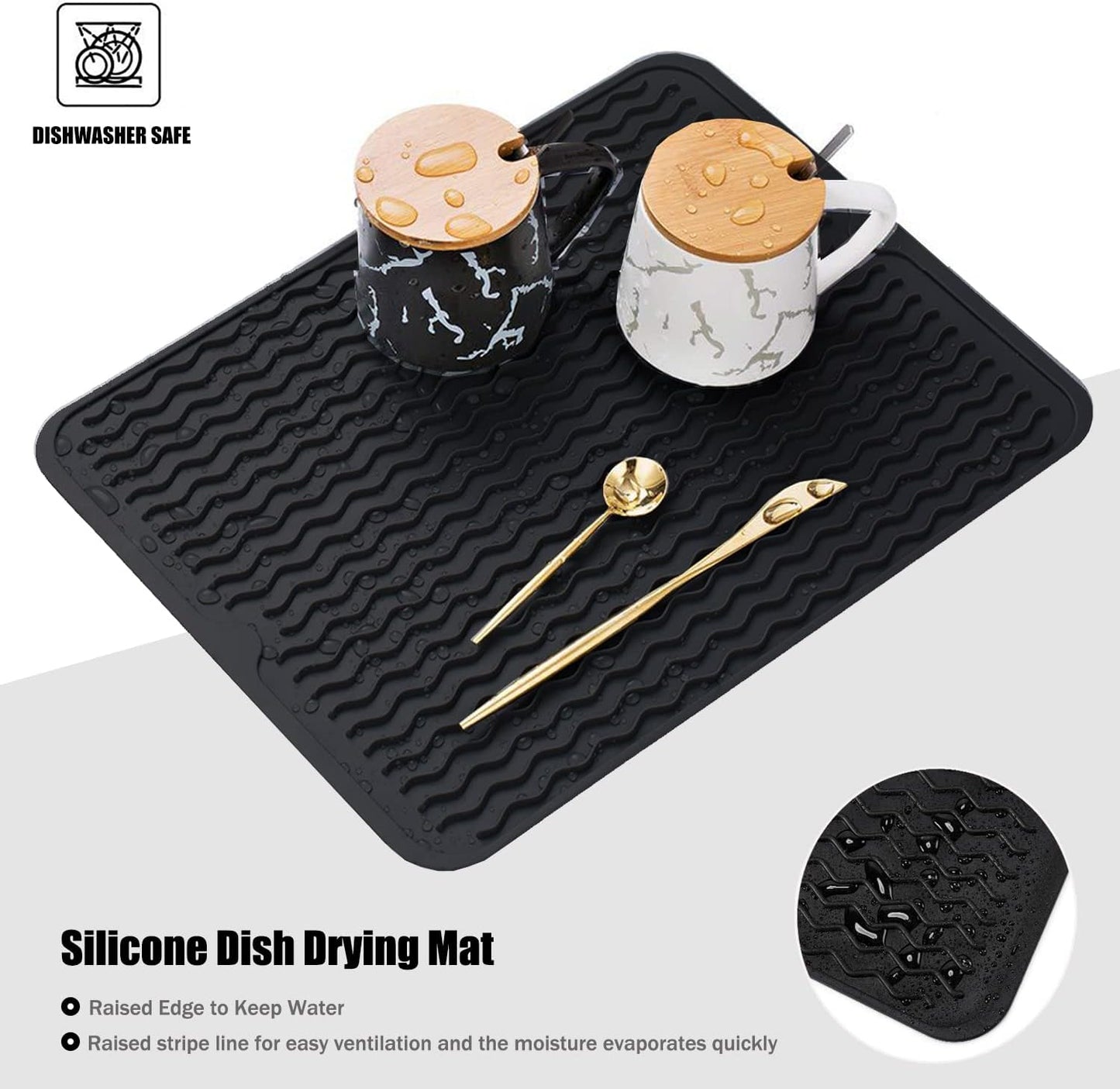 Silice Dish Drying Mat, N-Slip Easy Clean Sink Mat Large Heat-resistant Dish Drainer Mat for Kitchen Counter, Sink, Refrigerator or Drawer liner (16" x 12", BLACK)
