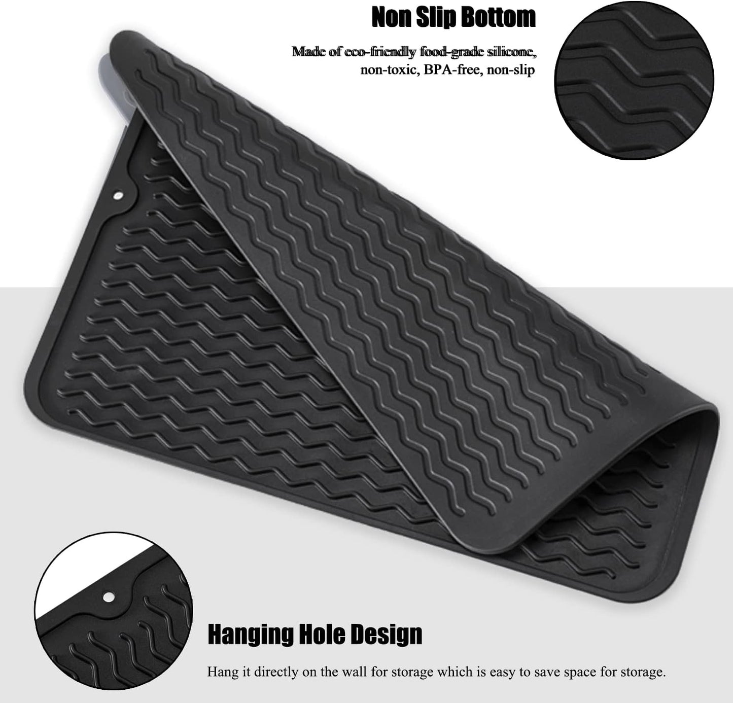 Silice Dish Drying Mat, N-Slip Easy Clean Sink Mat Large Heat-resistant Dish Drainer Mat for Kitchen Counter, Sink, Refrigerator or Drawer liner (16" x 12", BLACK)