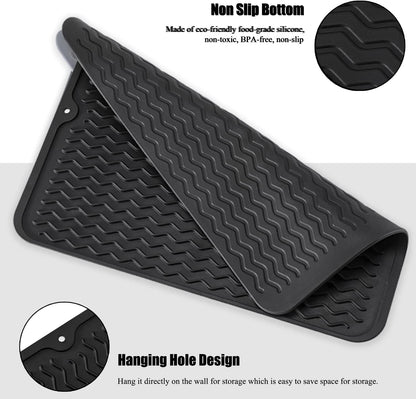 Silice Dish Drying Mat, N-Slip Easy Clean Sink Mat Large Heat-resistant Dish Drainer Mat for Kitchen Counter, Sink, Refrigerator or Drawer liner (16" x 12", BLACK)