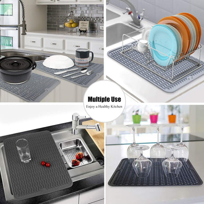 Silice Dish Drying Mat, N-Slip Easy Clean Sink Mat Large Heat-resistant Dish Drainer Mat for Kitchen Counter, Sink, Refrigerator or Drawer liner (16" x 12", BLACK)