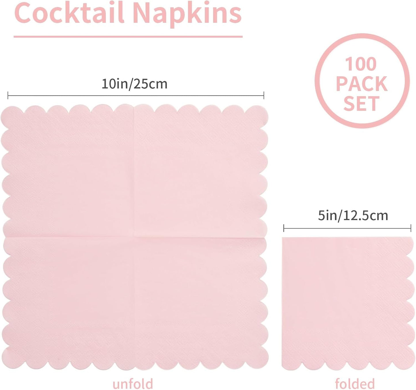 100 Pack Cocktail Napkin 2-Ply Scalloped Edged Dessert Napkins Folded 5 x 5 Inches Disposable Napkins for Dinner Wedding Birthday Party Bridal Anniversary Recepti Event (Pink)