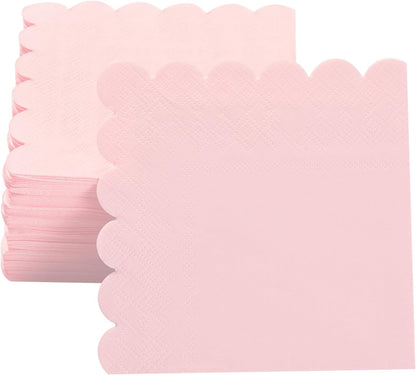100 Pack Cocktail Napkin 2-Ply Scalloped Edged Dessert Napkins Folded 5 x 5 Inches Disposable Napkins for Dinner Wedding Birthday Party Bridal Anniversary Recepti Event (Pink)